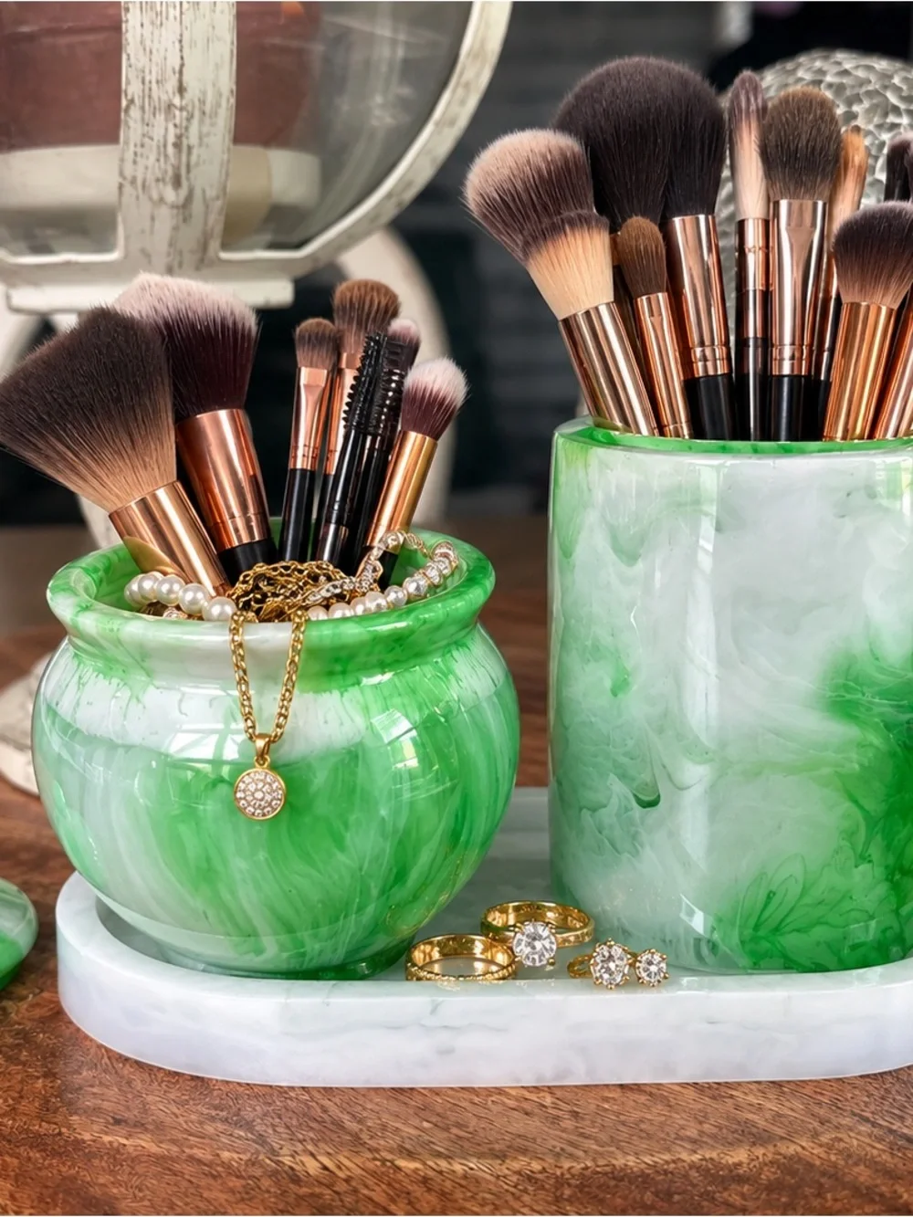 Marbleized Green resin Vanity Set with Tray